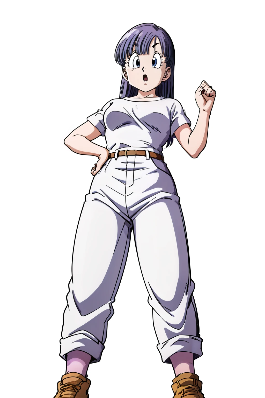 Bloomers, Cell Saga, Semi-long hair, Purple Hair, No bangs, Brown eyes, One girl, alone, White shirt, White pants, Baggy pants, Surprised, Surprise, surprise, From below, Raise your hand, eyelash, From the chest up, White background,