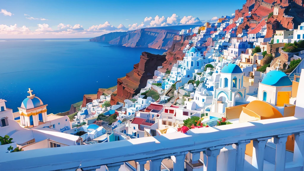 (resort town of Santorini), which is in Greece, (((the beach and white houses are visible))). (((single image)))