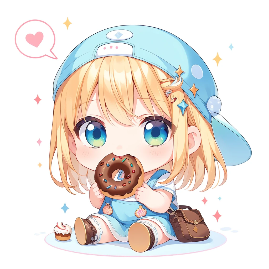 score_9, score_8_up, score_7_up, source_anime, (chibi), eating donut, spoken heart, sitting, simple background