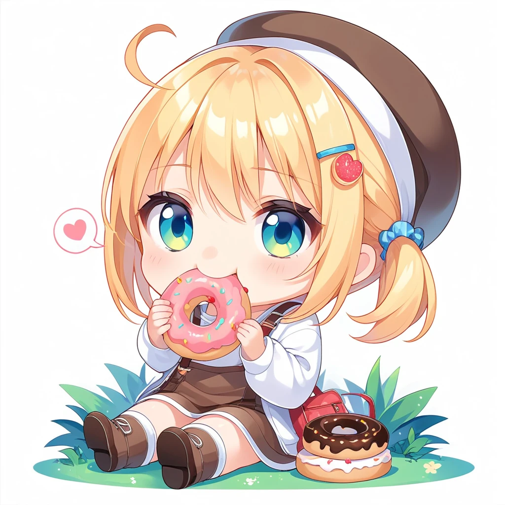 score_9, score_8_up, score_7_up, source_anime, (chibi), eating donut, spoken heart, sitting, simple background