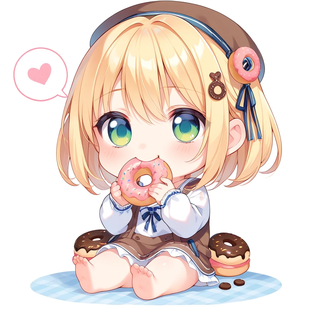 score_9, score_8_up, score_7_up, source_anime, (chibi), eating donut, spoken heart, sitting, simple background