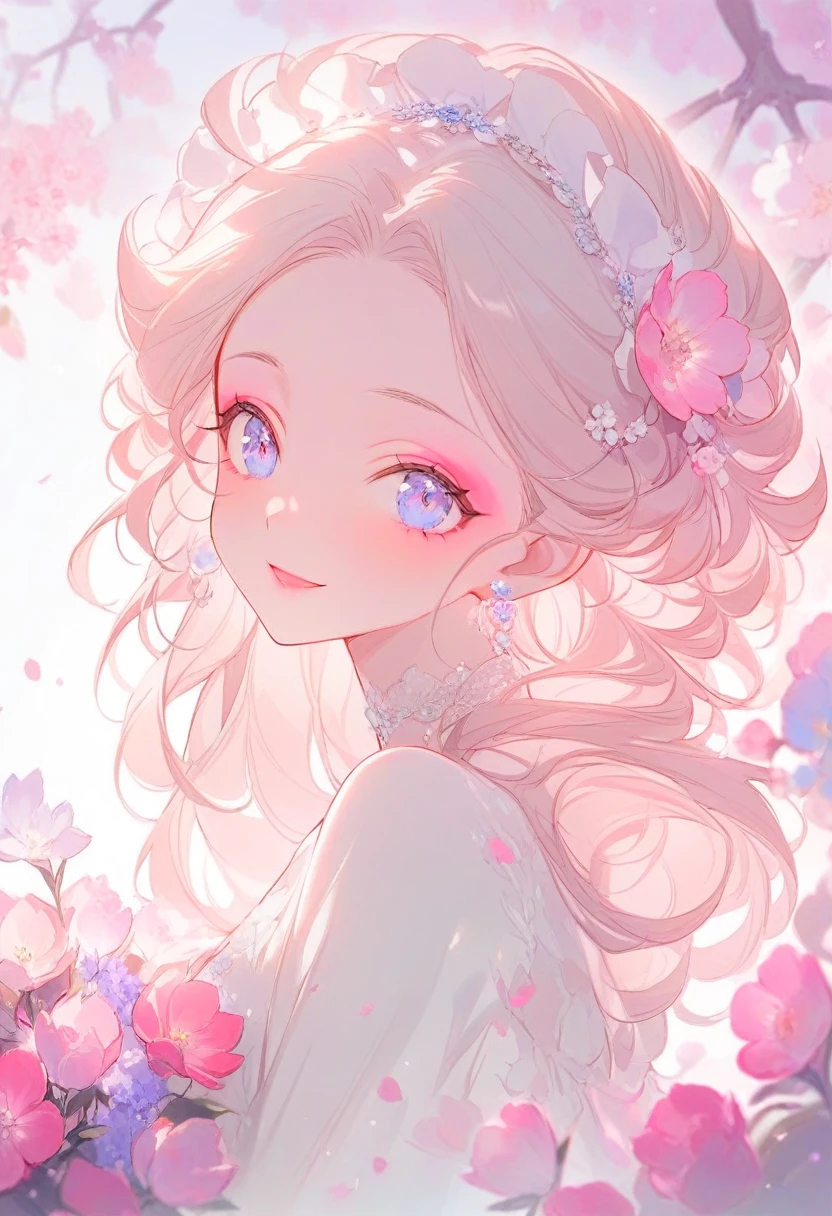 ( best quality:1.2), 1 Girl, forehead,Solitary, Skin details, Beautiful facial features, fluffy hair,Exquisite makeup, Exquisite eyes, Eye details, he is 20 years old,wearing a beautiful dress,upper body, choker,head dress,Surround her with colorful flowers.(big smiling).((milky theme))),kindness,soft focus,white soft lighting,beautiful background,under the tree