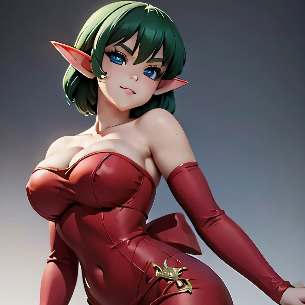 ((masterpiece,best quality,ultra-delicate,Perfect Face,16k,high resolution,very beautiful girl)),medium short green hair, seductive pose,Red strapless bodycon tube dress with large red bow ,Red long arm sleeves,red high heels,Elf Girl,huge Breasts,blue eyes,Beautiful smile,20 years old