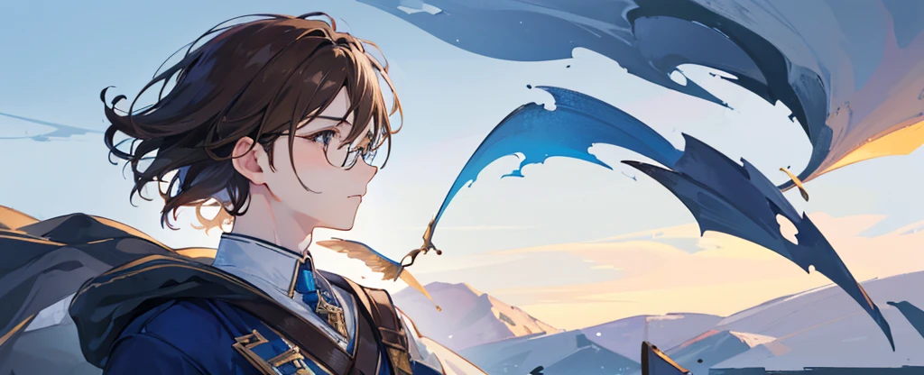 1boy,Brown hair,high light, Brown eyes, high quality, gradient blue background, light atmosphere, dreamy atmosphere, half body photo, pale colors,glad, delightful, short hair, glasses, landscape, facial profile, male, --ar 1:1 --v 5.2
