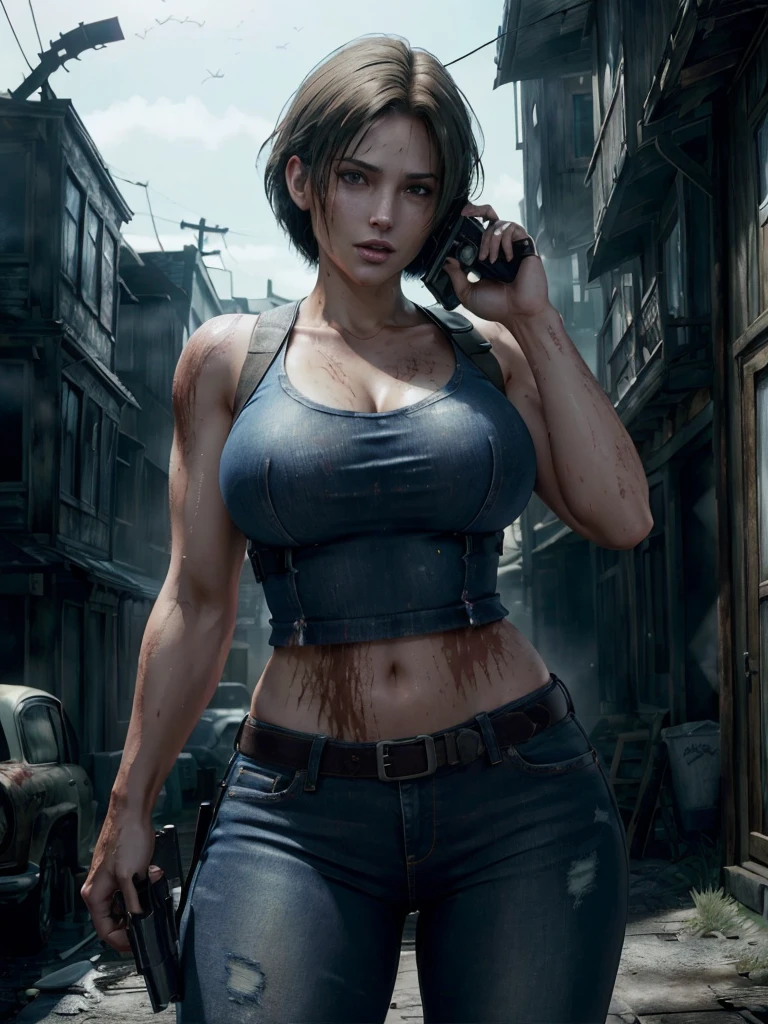 ((Best Quality)), ((Masterpiece)), (Very detailed: 1.3) Jill Valentine, beautiful ultra detailed 4k eyes,  short hair,  with huge breasts and big tail bewitching thighs with a gun Blue top, jeans, Resident Evil,  zombie apocalypse background