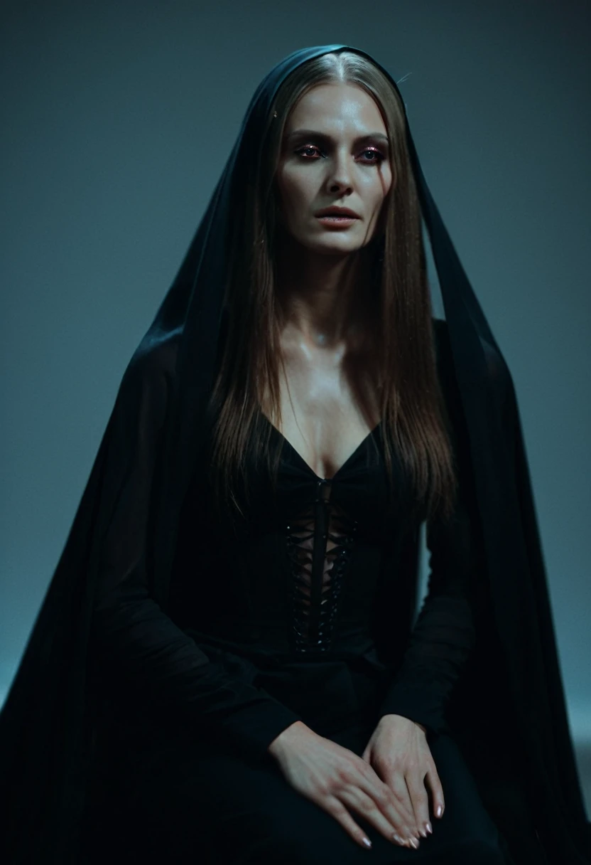 Fashionable of androgynous alien looking witch wearing veil, glowing eyes, beautiful evil slavic muscular woman, pale skin, long hair, futuristic design, minimal details, givenchy, photoreal, 200mm, hd, f/ 2.0, highly detailed, surreal, sitting, light smile, simple black stylish clothes, a slight smiledrop dead, in the style of red and blue, (intricate details, hyperdetailed:1.15) (skin texture:1.2), cinematic, professional, 4k, (((dynamic model pose))), sitting, full body, mesmerizing, dynamic, dramatic, dynamic pose, highly detailed skin with hair, subcutaneous veins, light and shadow play, highly detailed,24mm photograph, bokeh, professional, 4k,