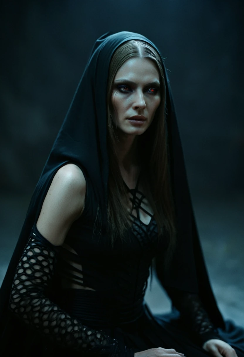 Fashionable of androgynous alien looking witch wearing veil, glowing eyes, beautiful evil slavic muscular woman, pale skin, long hair, futuristic design, minimal details, givenchy, photoreal, 200mm, hd, f/ 2.0, highly detailed, surreal, sitting, light smile, simple black stylish clothes, a slight smiledrop dead, in the style of red and blue, (intricate details, hyperdetailed:1.15) (skin texture:1.2), cinematic, professional, 4k, (((dynamic model pose))), sitting, full body, mesmerizing, dynamic, dramatic, dynamic pose, highly detailed skin with hair, subcutaneous veins, light and shadow play, highly detailed,24mm photograph, bokeh, professional, 4k,
