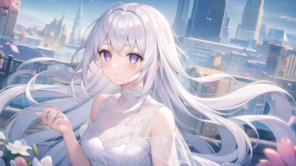 ((masterpiece, best quality))++, Detailed lighting+, Detailed hair+, Detail hand+ ,1 girl, Miss, Long hair, Crimson eyes, beautiful eyes, young white hair,,(Beautiful white hair:1.5),(Beautiful and delicate eyes), high resolution+,glass tint, Reflective eyes, {{angle}} , Very detailed wallpaper, The original, ,Sea of Flowers,Air bangs,city road,Extremely beautiful CG,image size 16:9