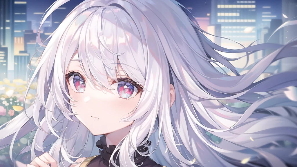 ((masterpiece, best quality))++, Detailed lighting+, Detailed hair+, Detail hand+ ,1 girl, Miss, Long hair, Crimson eyes, beautiful eyes, young white hair,,(Beautiful white hair:1.5),(Beautiful and delicate eyes), high resolution+,glass tint, Reflective eyes, {{angle}} , Very detailed wallpaper, The original, ,Sea of Flowers,Air bangs,city road,Extremely beautiful CG,image size 16:9