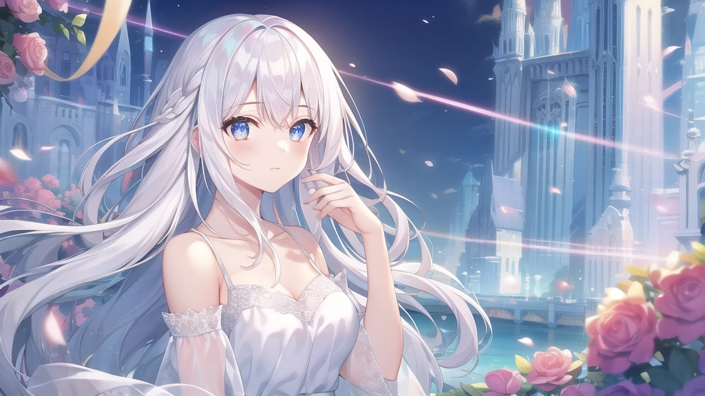 ((masterpiece, best quality))++, Detailed lighting+, Detailed hair+, Detail hand+ ,1 girl, Miss, Long hair, Crimson eyes, beautiful eyes, young white hair,,(Beautiful white hair:1.5),(Beautiful and delicate eyes), high resolution+,glass tint, Reflective eyes, {{angle}} , Very detailed wallpaper, The original, ,Sea of Flowers,Air bangs,city road,Extremely beautiful CG,image size 16:9