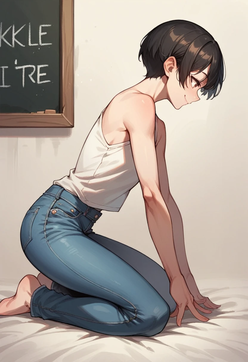 short hair woman, jeans, bare shoulders, kneeling before a kid, black board, cartoon style, smile, side view