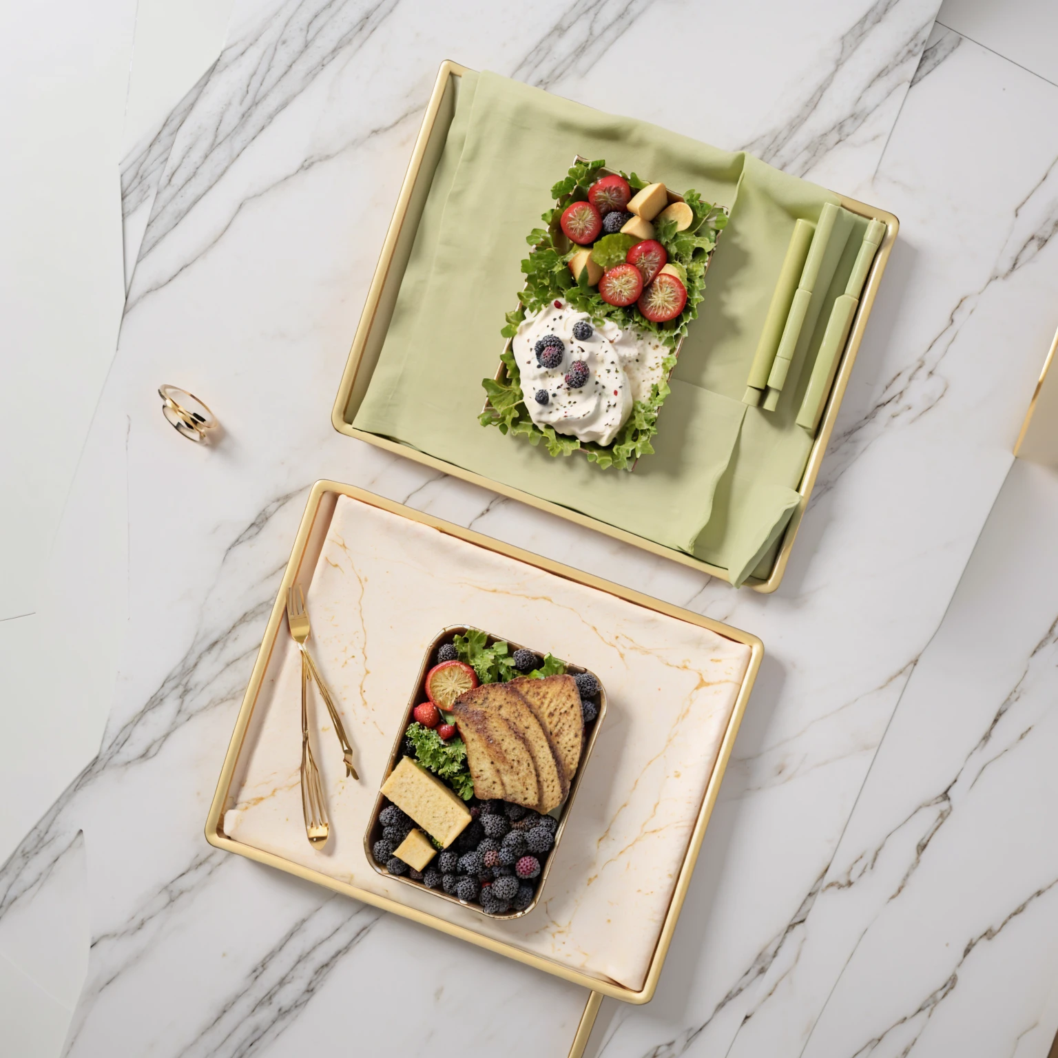 there are two trays of food on a marble table, designed for cozy aesthetics!, product introduction photo, 2 colors, full subject shown in photo, product photo, 2 colours, healthy, f 2. 0, very detailed and high quality, official product image, high quality details, 4l, product introduction photos, aokan, very design, yummy, 1x