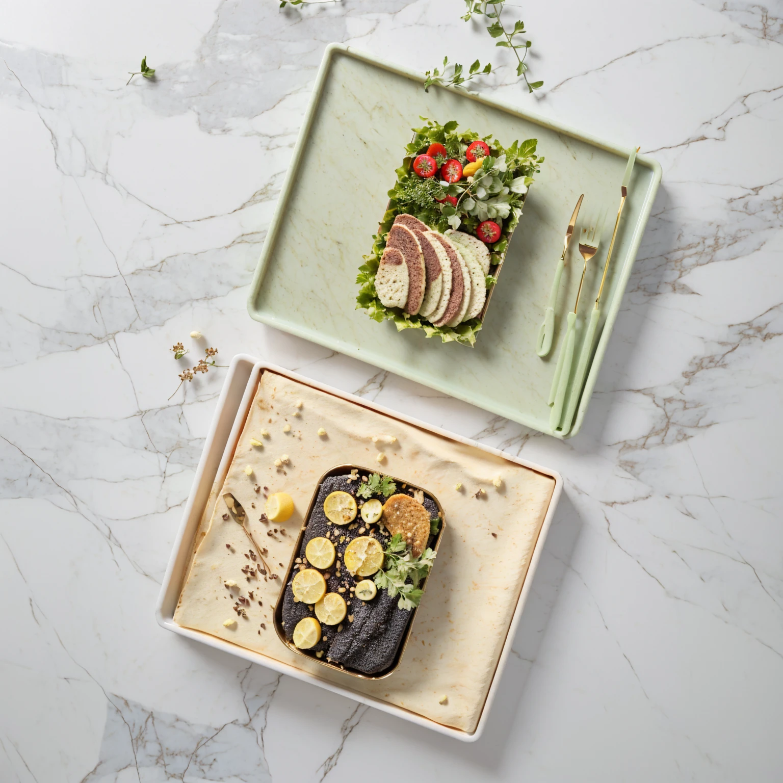 there are two trays of food on a marble table, designed for cozy aesthetics!, product introduction photo, 2 colors, full subject shown in photo, product photo, 2 colours, healthy, f 2. 0, very detailed and high quality, official product image, high quality details, 4l, product introduction photos, aokan, very design, yummy, 1x