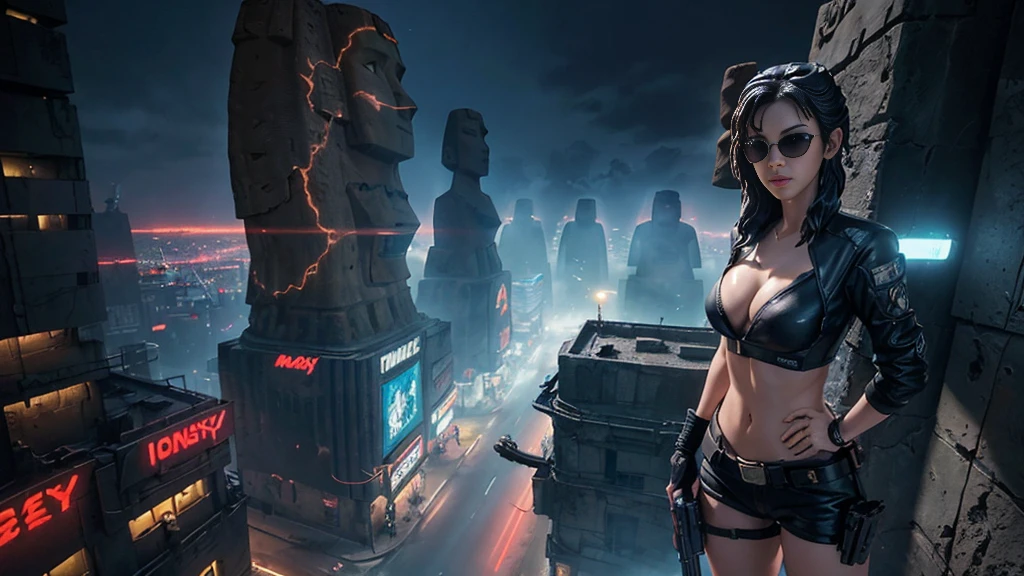 At night, dark sky, aerial view of fantasy cyberpunk style ((Moai-statue)) city, ((flying vehicle)). ((1girl, solo, alone)), photo realistic, medium-breast:1.1 slim body, cleavage, sexy clothes, (black sunglasses), (((hip-up standing and pistol aiming pose))), half-body thigh level medium shot, cinematic lighting.