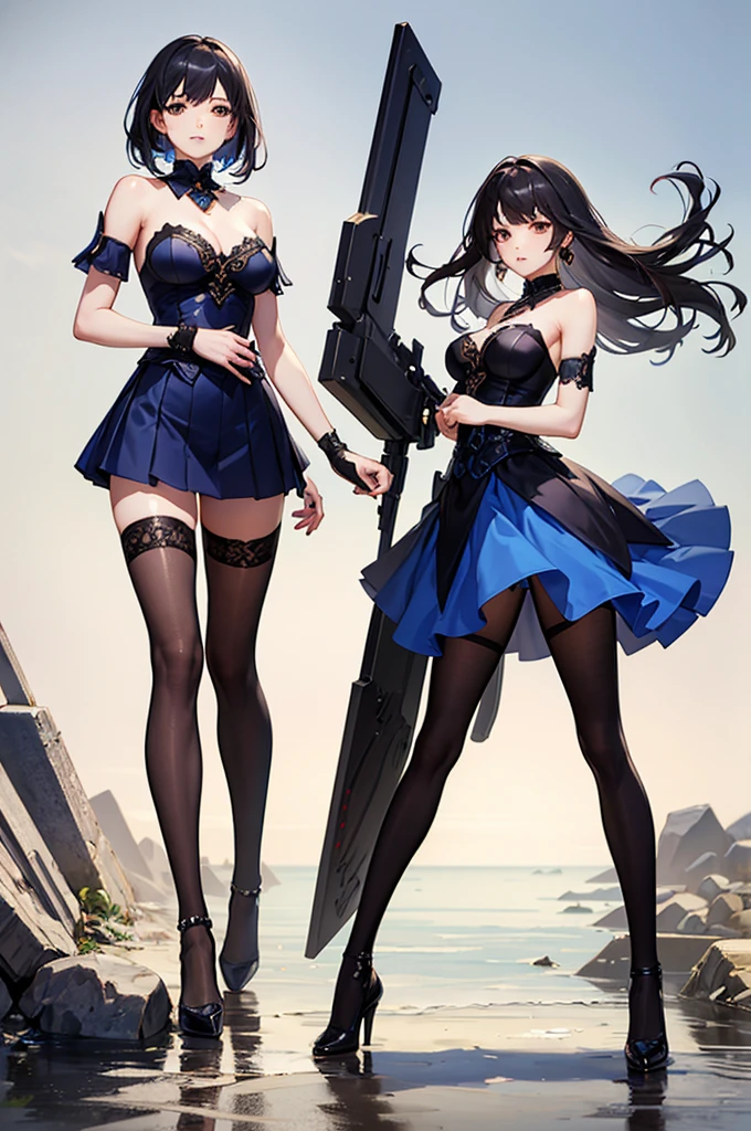 (masterpiece)、(best quality)、(Very detailed)A blue short skirt ancient style sexy girl、 Black hair、 Shoulders exposed、Beautiful breasts、Full body picture,Three-dimensional,Front view,Perfect long legs,Fighting Style