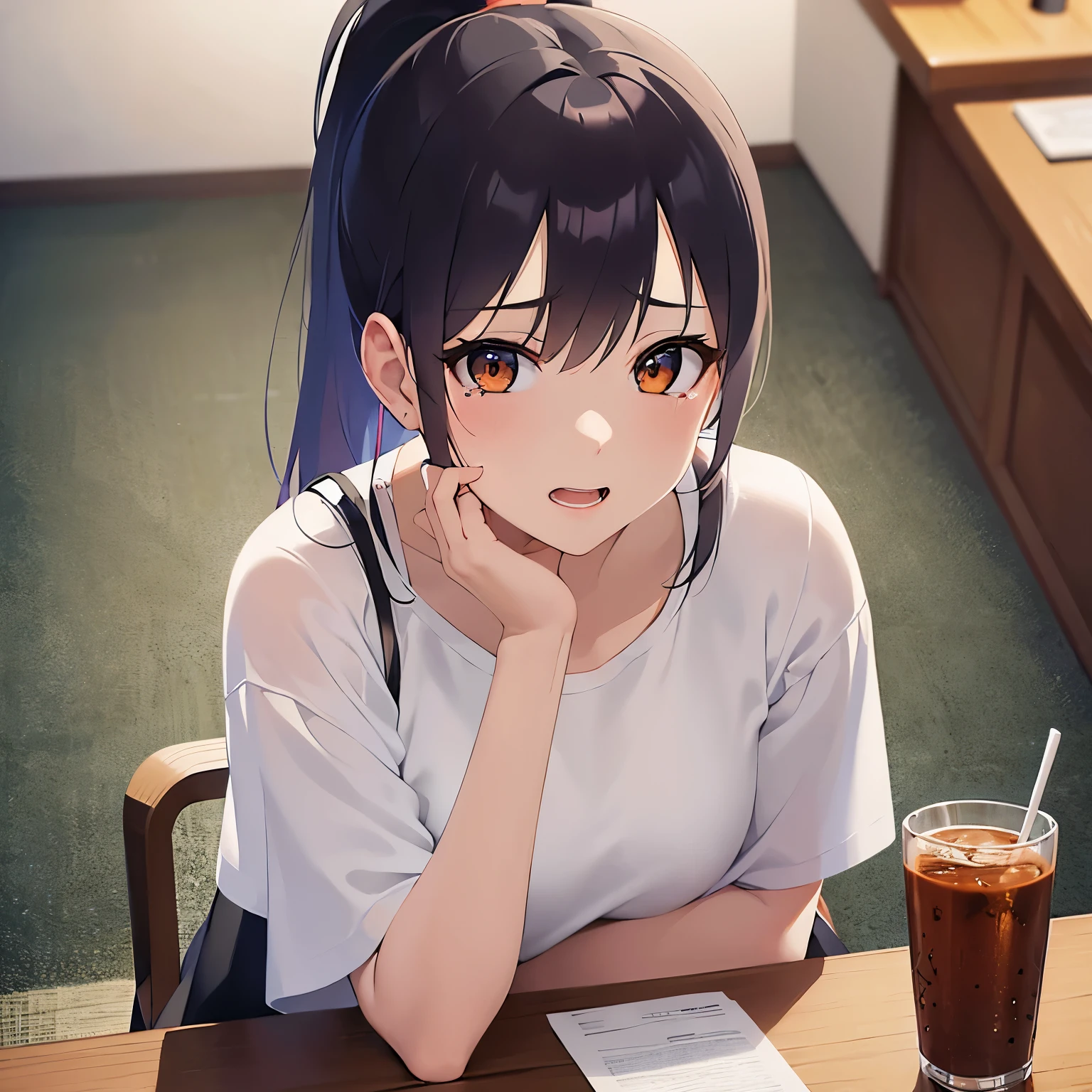 Shooting from above、looking up, Biologically correct five fingers、hand on own chin, Realistic, real person, (pale skin: 1.2), RAW photo, photorealistic, shiny skin, shiny hair、(A 25-year-old woman with medium-length hair and bangs) and (ponytail) and (brown hair) and (Orange Eyes) ,BREAK (White T-shirt) BREAK、(tears:1.3), angry,open mouth, Alone、The background is the interior of a restaurant at night.