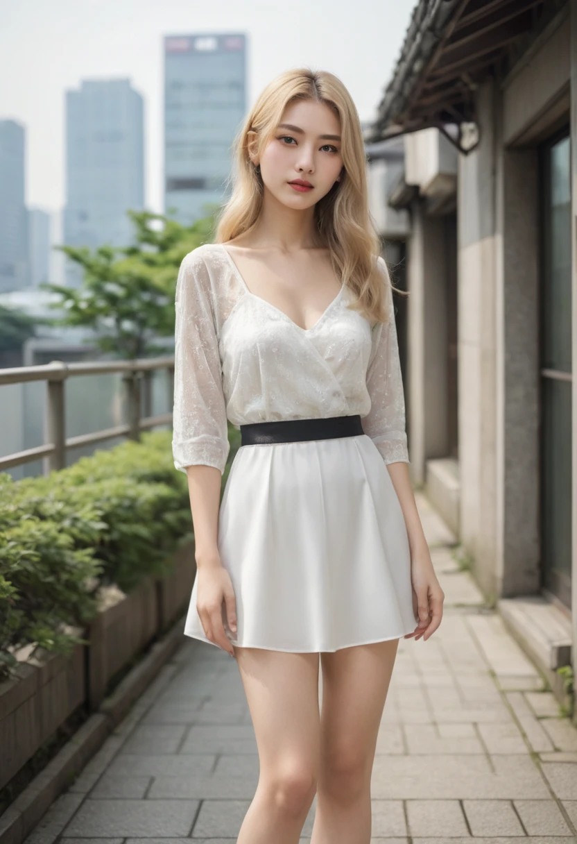 （（（European Caucasian Woman）））、（（（Mary, 18 years old）））、one person、（Thin contours、grey Eye）、（Thin contours）、（Big Breasts:1.5）、Narrow waist、（（（White and translucent skin:1.3）））、Beautiful, shiny blonde medium-long hair、8-head-tall model style、Waist-down angle、Tokyo city、Full body focus