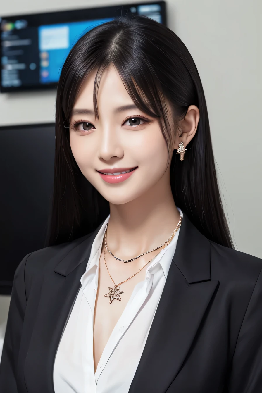 Beautiful young woman、 Black Hair、hairstyle semi long、Work in front of a computer、Necklace around the neck、Office Lady Suits、Jacket、Unbuttoned shirt、Flashy makeup、smile、Beautiful teeth alignment、、Intricate details, Very detailed:1.2), 、 Looking into the camera,The background is the office、Necklace around the neck、Dark eyeliner、ear piercing

