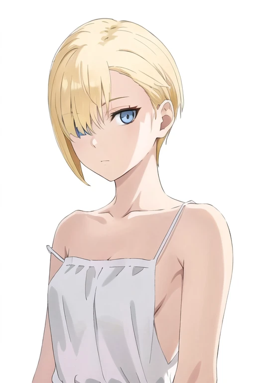 (masterpiece, top quality, very beautiful, very detailed), 1 girl, yellow hair, short hair, hair over one eye, detailed hair, blue eyes, loose white camisole, spaghetti straps, bare shoulders, looking at camera