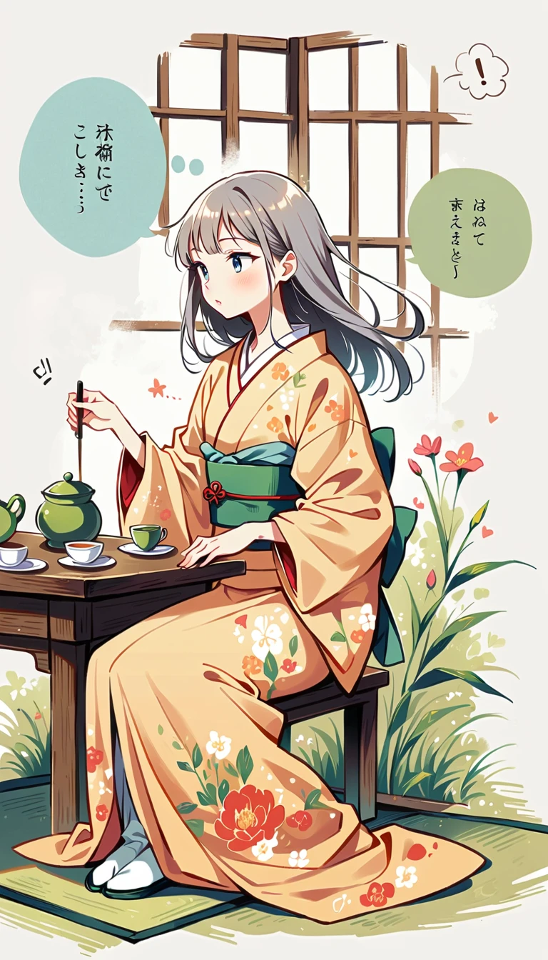 white background, Fujichoco style, kimono, gray hair, tatami, table, tea ceremony, green tea, window, simple background，Simple line initialism, 18 year old girl, (((The Most Beautiful Girl))), full body, 