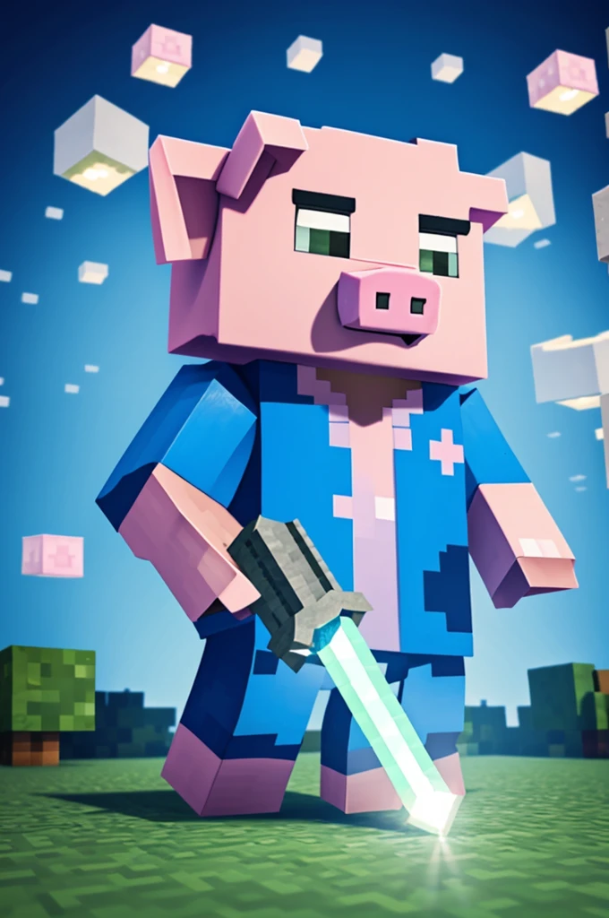 A Minecraft pig wearing a blue jacket holding a Minecraft diamond sword