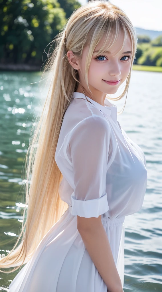(8K), (Best Quality), (masutepiece:1.2), (Realistic), (Photorealistic:1.37), Ultra-detailed, 1girl in, Cute,((Just get out of the lake)),Smile,Beautiful detailed eyes, beautiful detailed nose, Full body, Wet hair, middlebreasts, ((Dramatic Lighting)),see through,((Wet)),((see through)),(((Pose Seductive))),(((stroking your hair with one hand)))、School Uniforms、bright expression、poneyTail、Young shiny shiny white shiny skin、Best Looks、Blonde reflected light、Platinum blonde hair with dazzling highlights、shiny light hair,、Super long silky straight hair、Beautiful bangs that shine、Glowing crystal clear attractive big blue eyes、Very beautiful nice cute 16 year old girl、Lush bust,White and beautiful blouse、((Rejoice with the whole body 1.5))++、