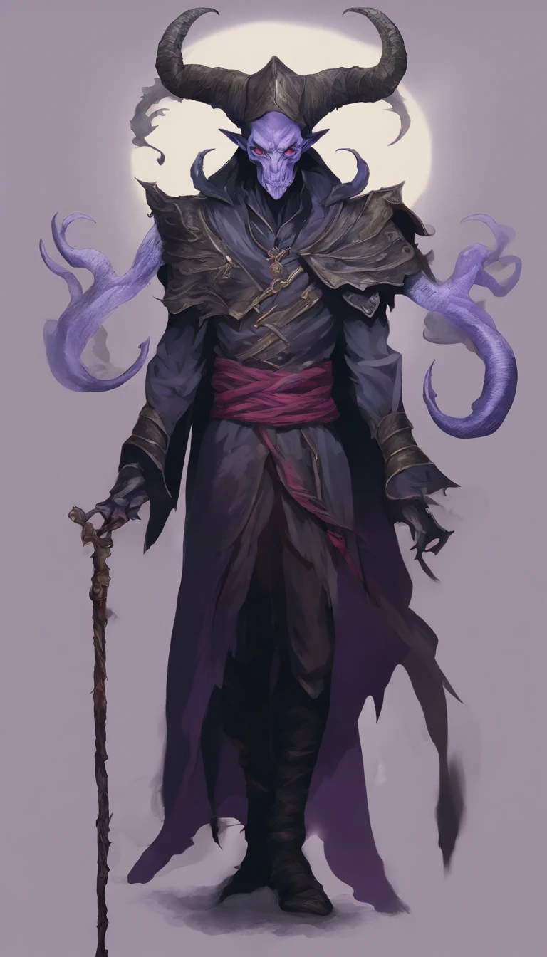 Mind flayer,Inspired by Dungeons & Dragons,Full body concept art illustration of Mind Flayer。The character has human-like proportions,tall、slim and muscular。The character has 4 tentacles extending from its chin,Light purple skin,Almost Blue。The character is dressed in exquisite、Luxurious black academic robes and ornate leather boots。Background is blank