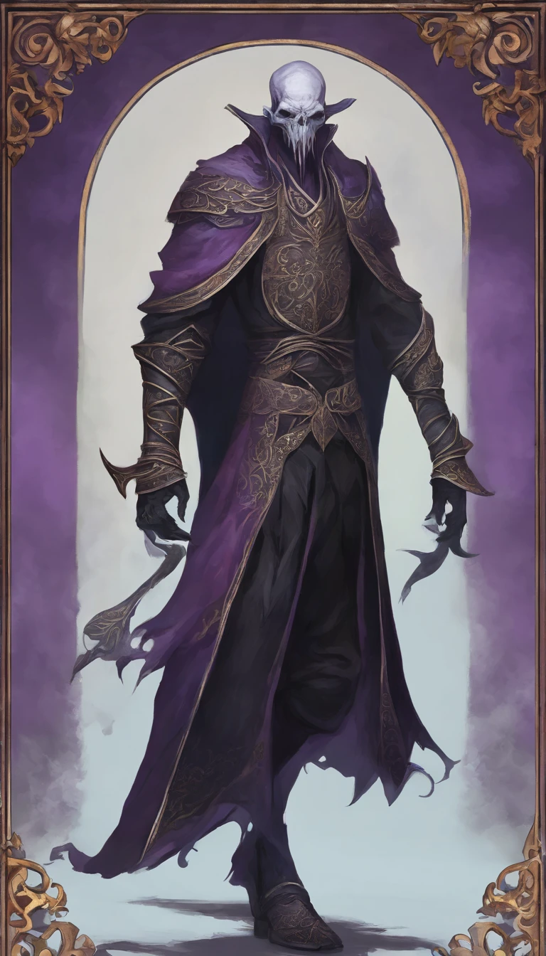 Mind flayer，Inspired by Dungeons & Dragons，Full body concept art illustration of Mind Flayer。The character has human-like proportions，tall、slim and muscular。The character has 4 tentacles extending from its chin，Light purple skin，Almost Blue。The character is dressed in exquisite、Luxurious black academic robes and ornate leather boots。Background is blank