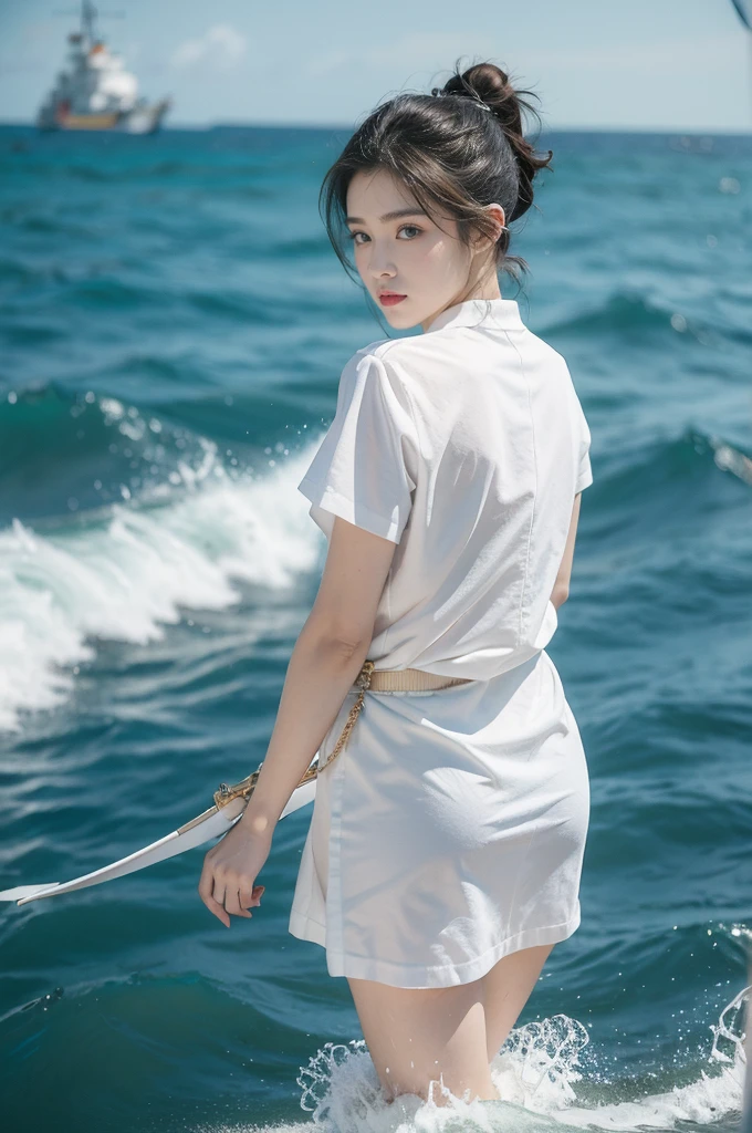 (((best quality))),(((ultra detailed))),(((masterpiece))),illustration,1girl,naval officer,stunning,ocean,moving warship,determined demeanor,short hair,ponytail, crisp white short-sleeved shirt,matching white skirt,elegance,confidence,sunlight,dazzling colors,salty ocean air,whips hair and clothes,urgency,adventure,ship's horn,horizon,rigid posture,hands clasped behind back,eyes fixed,scanning surroundings,danger,opportunity,serene beauty,smooth glide,white-capped waves,vast expanse,awe,isolation,crew members,dedication,service,country,practical uniform,authority,striking appearance,intense atmosphere,powerful image