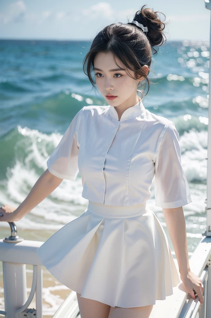 (((best quality))),(((ultra detailed))),(((masterpiece))),illustration,1girl,naval officer,stunning,ocean,moving warship,determined demeanor,short hair,ponytail, crisp white short-sleeved shirt,matching white skirt,elegance,confidence,sunlight,dazzling colors,salty ocean air,whips hair and clothes,urgency,adventure,ship's horn,horizon,rigid posture,hands clasped behind back,eyes fixed,scanning surroundings,danger,opportunity,serene beauty,smooth glide,white-capped waves,vast expanse,awe,isolation,crew members,dedication,service,country,practical uniform,authority,striking appearance,intense atmosphere,powerful image