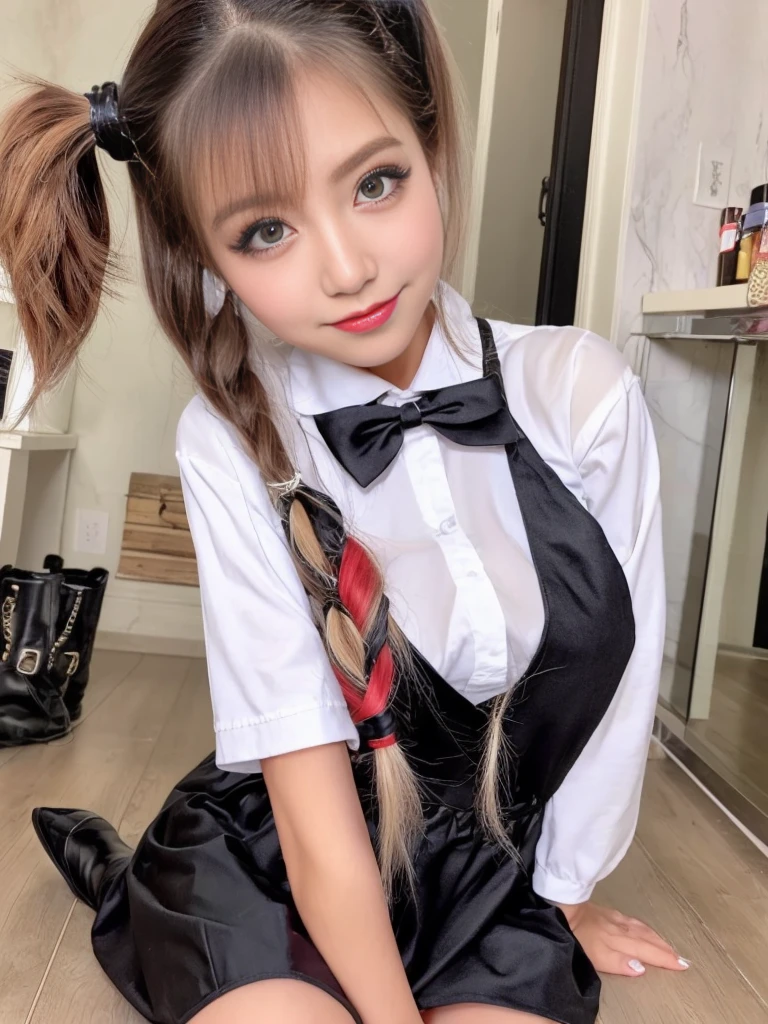 Super sexy and super cute Japan girl、Twin tails、Harley Quinn Makeup、Maid clothes、Black bootine system