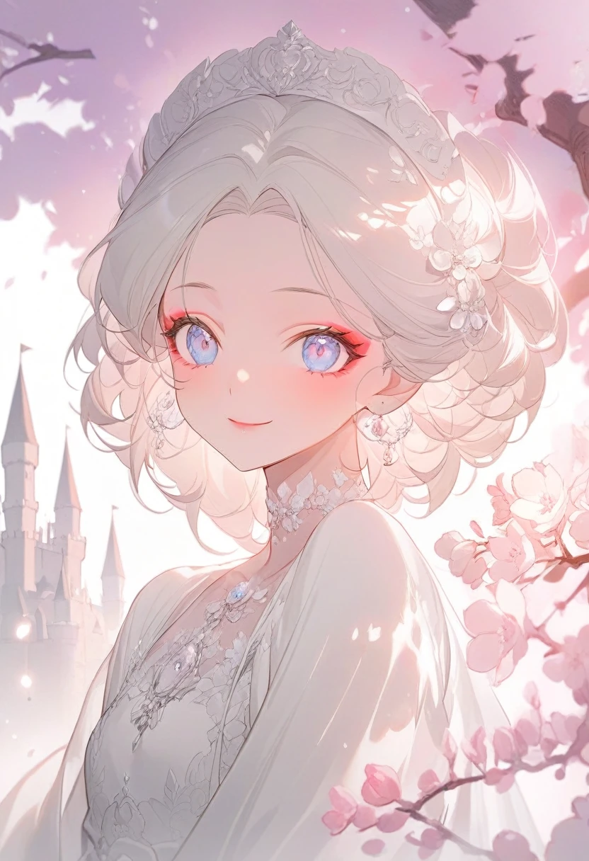 ( best quality:1.2), 1 Girl, forehead,Solitary, Skin details, Beautiful facial features, fluffy hair,Exquisite makeup, Exquisite eyes, Eye details, he is 20 years old,wearing a beautiful dress,upper body, choker,head dress,castle.(big smiling).((milky  theme))),kindness,soft focus,white soft lighting,beautiful background,under the tree