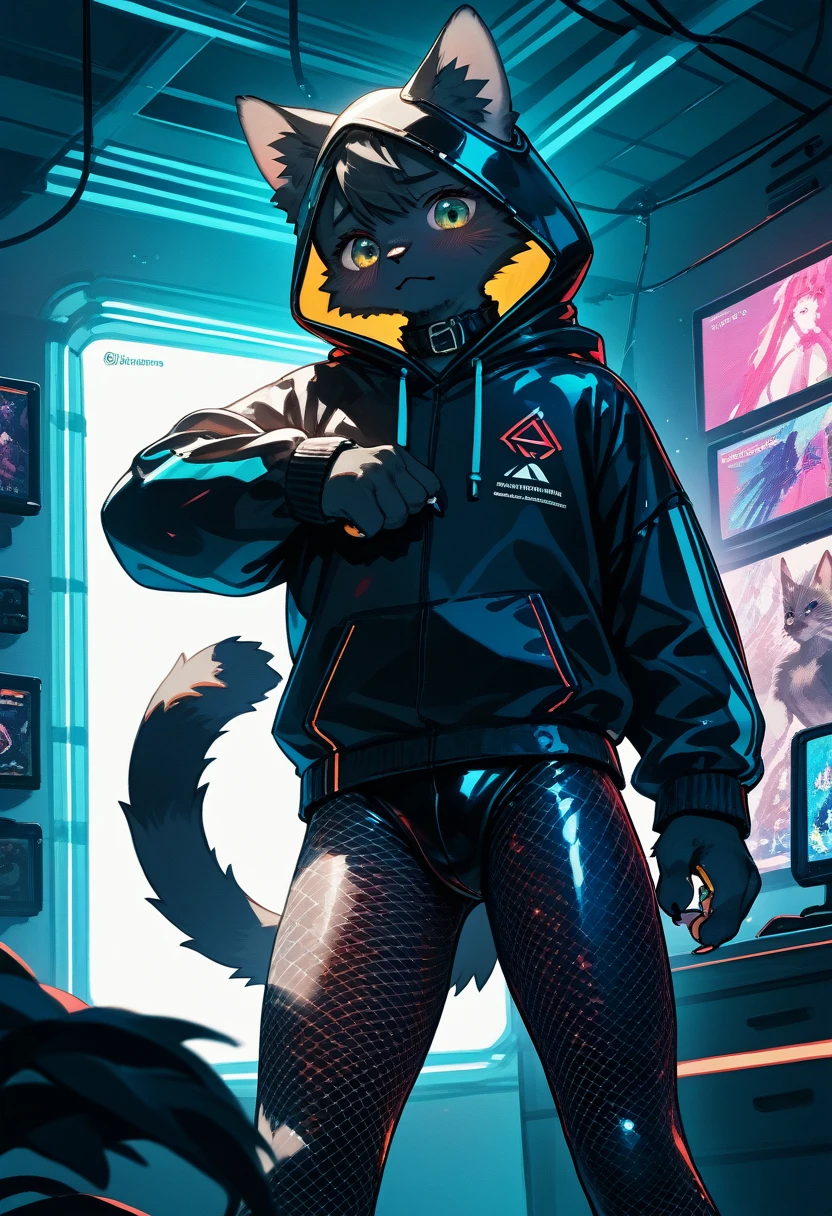 Highest quality, Highest quality, High quality illustrations, masterpiece, Ultra-high resolution, Detailed Background, cyber-, Gaming Room, Absurd, Perfect Anatomy, performance, Good lighting, Shadows in the movies(kemono, Furry Personification), cat, Black Skin, White Pattern, Rubber suit, Rubber suit, latex, neon, neonライト, neonカラー, Fishnet tights, Rubber Hoodie, Embarrassed, male, juvenile