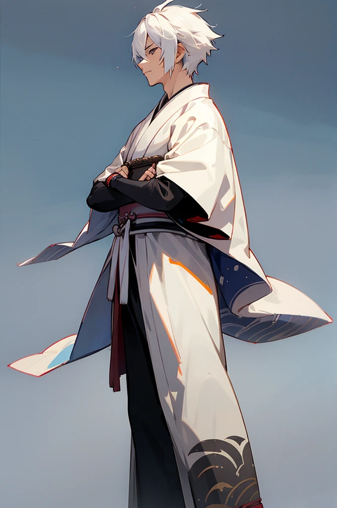 Young Adult, male, samurai Clothing, Standing pose, Town background. white hair, samurai armor