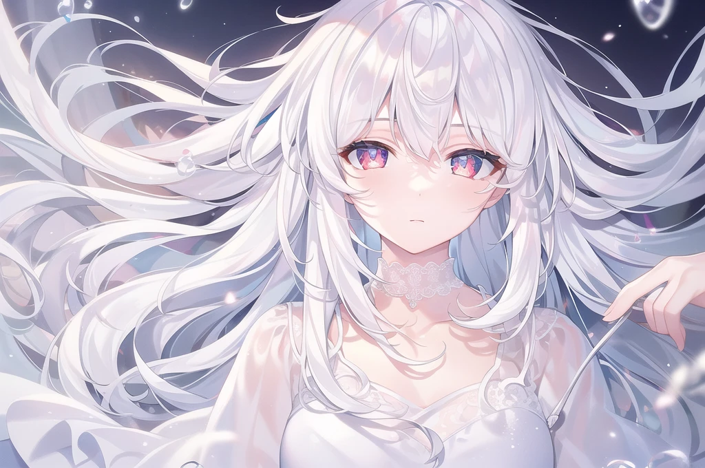 ((masterpiece, best quality))++, Detailed lighting+, Detailed hair+, Detail hand+ ,1 girl, Miss, Long hair, Crimson eyes, beautiful eyes, young white hair,,(Beautiful white hair:1.5),(Beautiful and delicate eyes), high resolution+,glass tint, Reflective eyes, {{angle}} , Very detailed wallpaper, The original, Air bangs,Extremely beautiful CG,