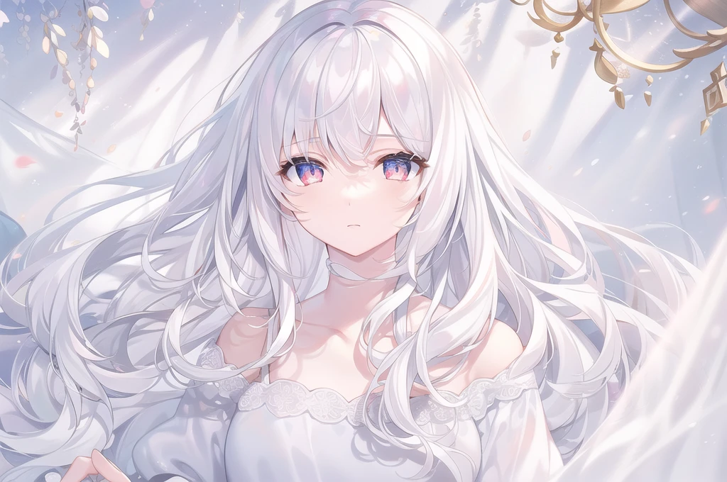 ((masterpiece, best quality))++, Detailed lighting+,  Detailed hair+, Detail hand+ ,1 girl, Miss, Long hair,   Crimson eyes,  beautiful eyes, young white hair,,(Beautiful white hair:1.5),(Beautiful and delicate eyes),  high resolution+,glass tint, Reflective eyes,   {{angle}} , Very detailed wallpaper, The original, Air bangs，Extremely beautiful CG，