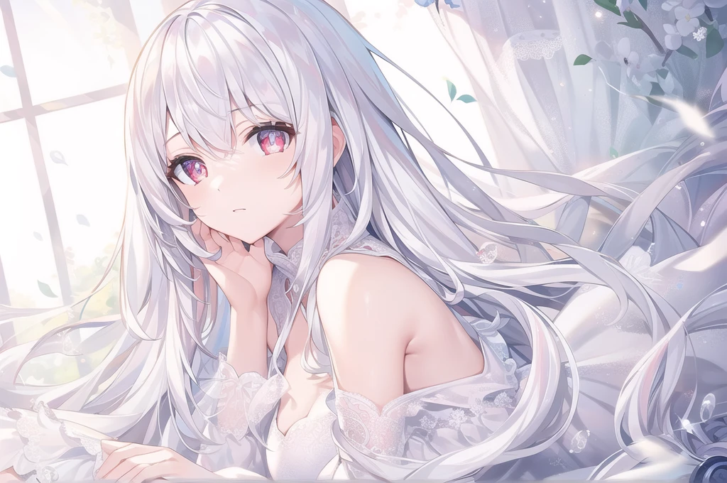 ((masterpiece, best quality))++, Detailed lighting+,  Detailed hair+, Detail hand+ ,1 girl, Miss, Long hair,   Crimson eyes,  beautiful eyes, young white hair,,(Beautiful white hair:1.5),(Beautiful and delicate eyes),  high resolution+,glass tint, Reflective eyes,   {{angle}} , Very detailed wallpaper, The original, Air bangs，Extremely beautiful CG，