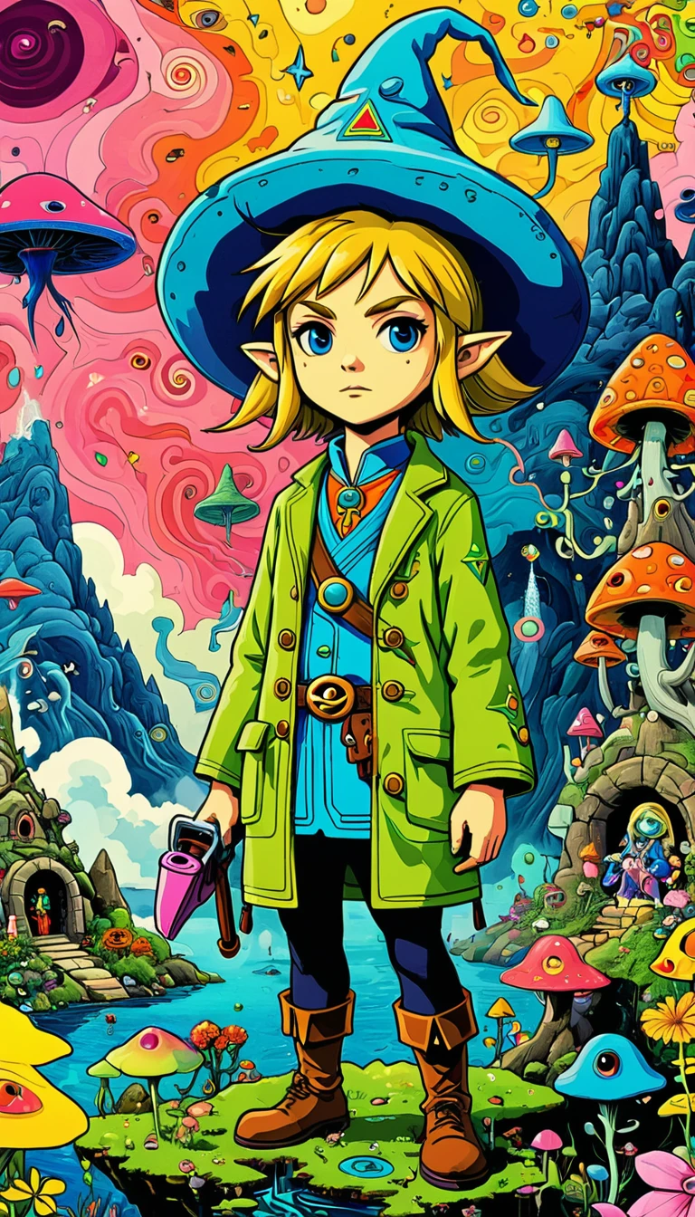 whole body, The Legend of Zelda game characters, Zelda Comics, man, Zelda character ff, Ian Mack's style, Chen Taimei, Fashionable clothing design, Horror Dungeon Description, Jean Baptiste Monge, academia,Psychedelic Abstract Art, puzzling, melt, Bright colors, Michael DeForge (Michael Deforge) Inspired by Pop Art, Mumford, tumblr, Psychedelic Art, Psychedelic illustration, Psychedelic Trip, Psychedelic Trip, retro Psychedelic illustration, Psychedelic Art style, psychedelic style, Surreal psychedelic design, LSD Trip, Psychedelic Fever Dream, psychedelics, Shaman horror LSD art, psychedelics