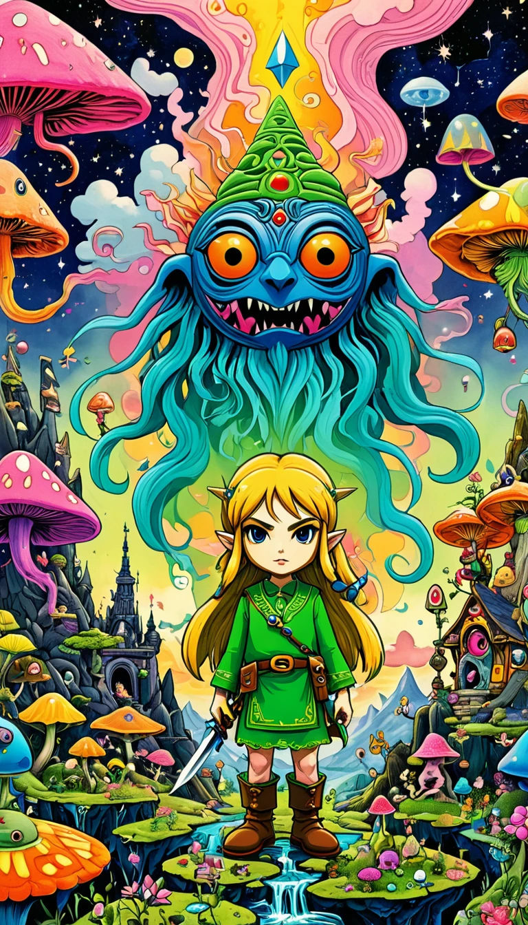 whole body, The Legend of Zelda game characters, Zelda Comics, man, Zelda character ff, Ian Mack's style, Chen Taimei, Fashionable clothing design, Horror Dungeon Description, Jean Baptiste Monge, academia,Psychedelic Abstract Art, puzzling, melt, Bright colors, Michael DeForge (Michael Deforge) Inspired by Pop Art, Mumford, tumblr, Psychedelic Art, Psychedelic illustration, Psychedelic Trip, Psychedelic Trip, retro Psychedelic illustration, Psychedelic Art style, psychedelic style, Surreal psychedelic design, LSD Trip, Psychedelic Fever Dream, psychedelics, Shaman horror LSD art, psychedelics