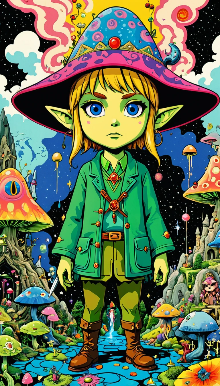 whole body, The Legend of Zelda game characters, Zelda Comics, man, Zelda character ff, Ian Mack's style, Chen Taimei, Fashionable clothing design, Horror Dungeon Description, Jean Baptiste Monge, academia,Psychedelic Abstract Art, puzzling, melt, Bright colors, Michael DeForge (Michael Deforge) Inspired by Pop Art, Mumford, tumblr, Psychedelic Art, Psychedelic illustration, Psychedelic Trip, Psychedelic Trip, retro Psychedelic illustration, Psychedelic Art style, psychedelic style, Surreal psychedelic design, LSD Trip, Psychedelic Fever Dream, psychedelics, Shaman horror LSD art, psychedelics