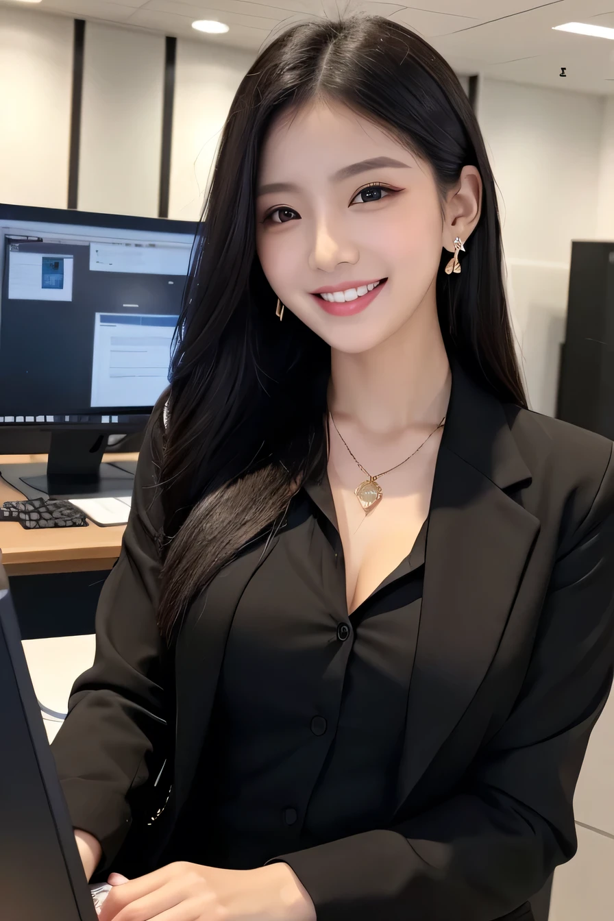 Beautiful young woman、 Black Hair、、Work in front of a computer、Necklace around the neck、Office Lady Suits、Jacket、Unbuttoned shirt、Flashy makeup、smile、Laughing with your mouth open、Intricate details, Very detailed:1.2), 、 Looking into the camera,The background is the office、Necklace around the neck、Dark eyeliner、ear piercing
