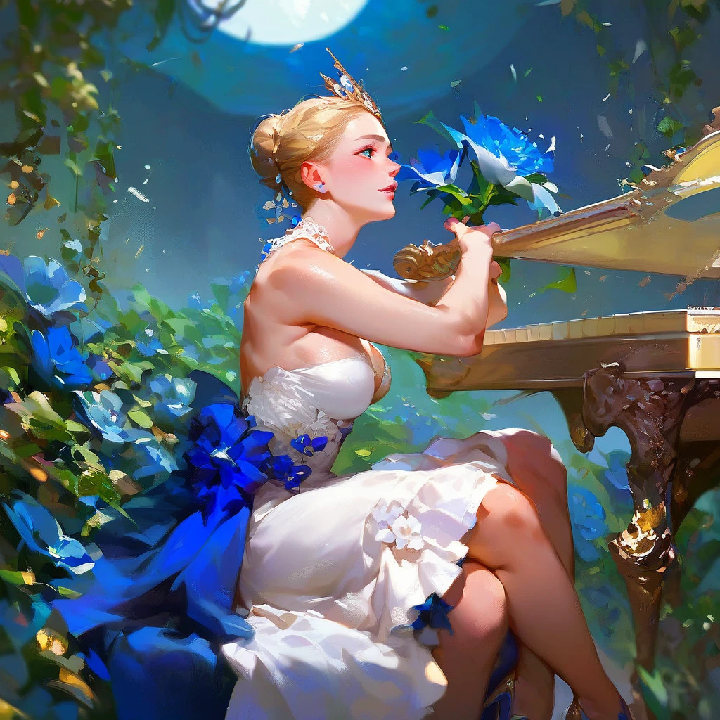 (score_9,score_8_up,score_7_up,) woman in fancy dress leaning over an upright grand piano at dusk with flowers around, 1girl, dress, solo, instrument, flower, high heels, sitting, tiara, white dress, blue eyes, blue flower, blonde hair, hair bun, Expressiveh, negative_hand, [[gwentstyle]], moon
