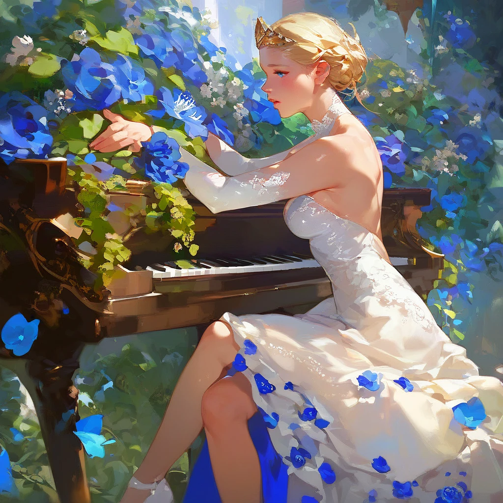 (score_9,score_8_up,score_7_up,) woman in fancy dress leaning over an upright grand piano at dusk with flowers around, 1girl, dress, solo, instrument, flower, high heels, sitting, tiara, white dress, blue eyes, blue flower, blonde hair, hair bun, Expressiveh, negative_hand, [[gwentstyle]], moon
