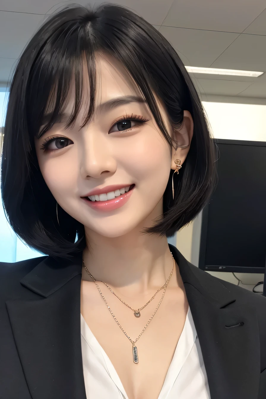 Beautiful young woman、 Black Hair、、Work in front of a computer、Necklace around the neck、Office Lady Suits、Jacket、Unbuttoned shirt、Flashy makeup、smile、Laughing with your mouth open、Intricate details, Very detailed:1.2), 、 Looking into the camera,The background is the office、Necklace around the neck、Dark eyeliner、ear piercing