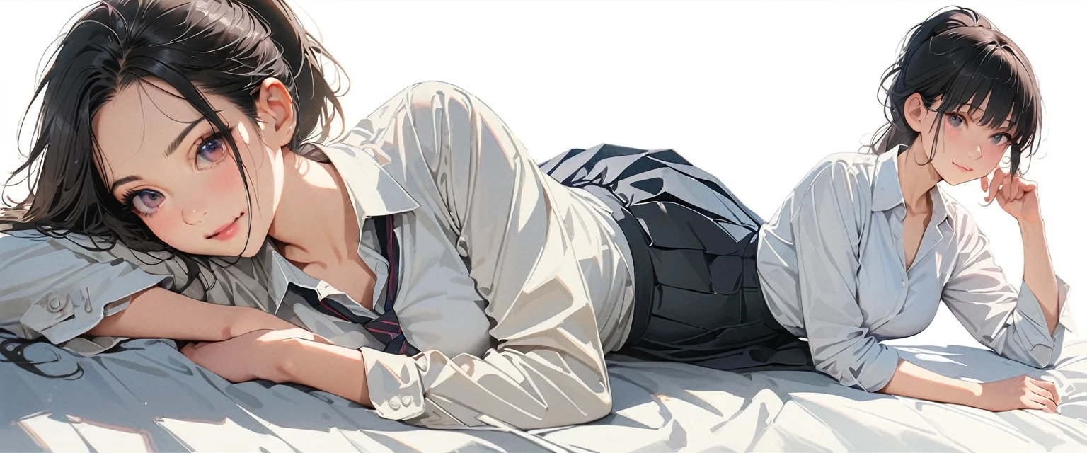 20 years old,1 mature woman,hyperrealistic, 8k, (extremely detailed 8k), (very delicate and beautiful), (masterpiece), (better quality:1.0), (ultra high resolution:1.0), (masterpiece, best quality),cute,black hair,ponytail,full body,white background,realistic skin,collared shirt, pleated skirt,lie on own side