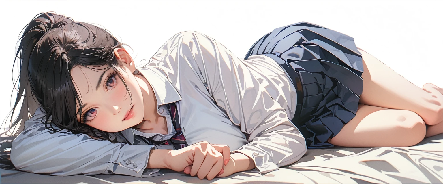 20 years old,1 mature woman,hyperrealistic, 8k, (extremely detailed 8k), (very delicate and beautiful), (masterpiece), (better quality:1.0), (ultra high resolution:1.0), (masterpiece, best quality),cute,black hair,ponytail,full body,white background,realistic skin,collared shirt, pleated skirt,lie on own side
