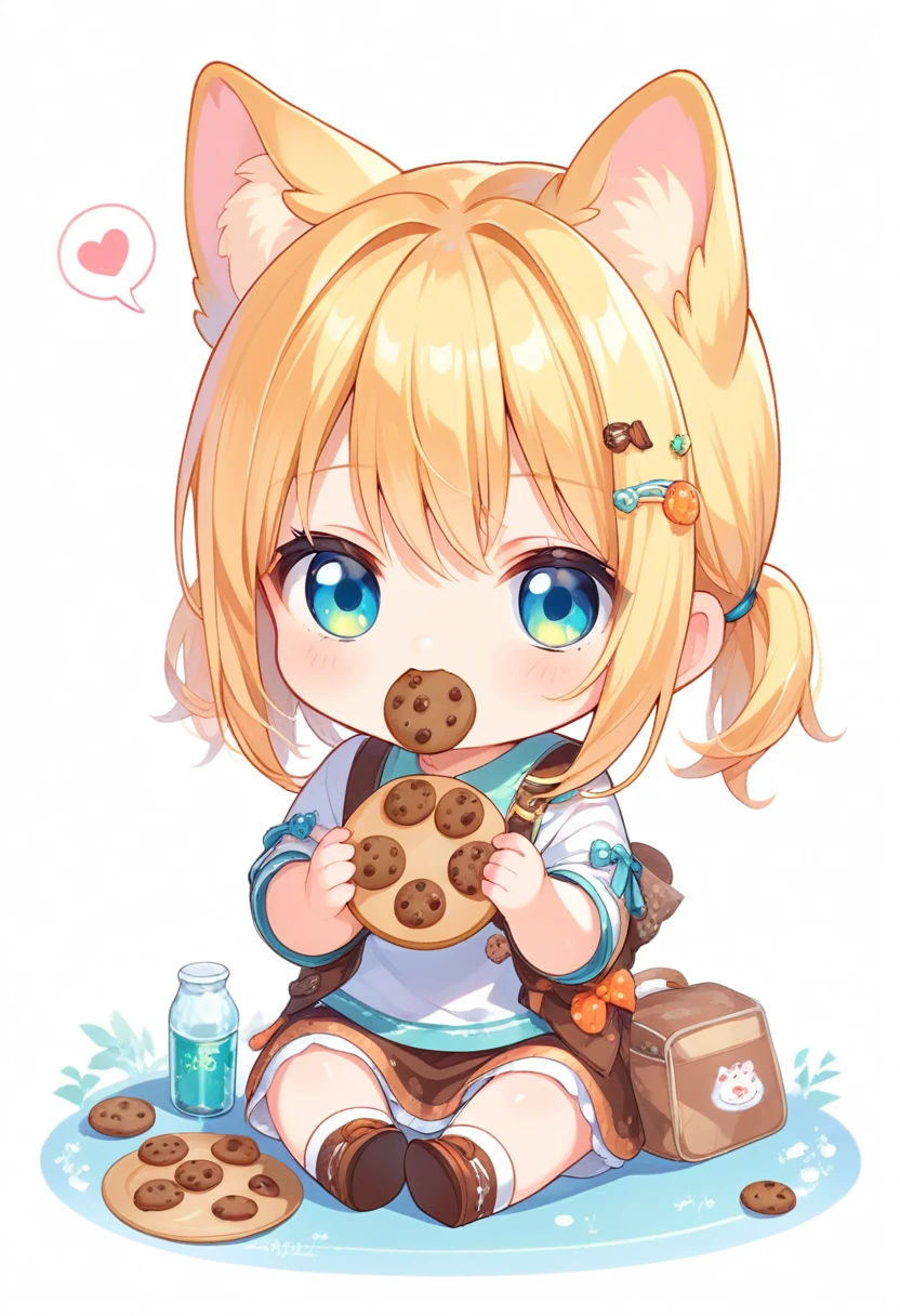 score_9, score_8_up, score_7_up, source_anime, (chibi), eating cookie, spoken heart, sitting, simple background