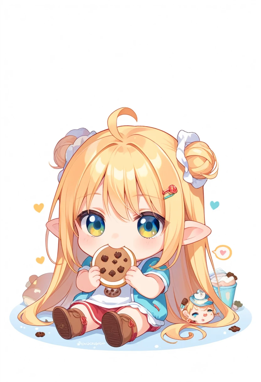 score_9, score_8_up, score_7_up, source_anime, (chibi), eating cookie, spoken heart, sitting, simple background