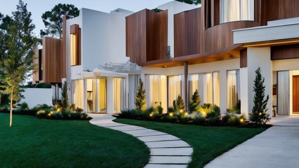 Elegant one-story, long, white cement mixed with wood house., Looks like the letter L, curved,It looks like a room.,beautiful,On the dark green grass,Shady atmosphere,night time