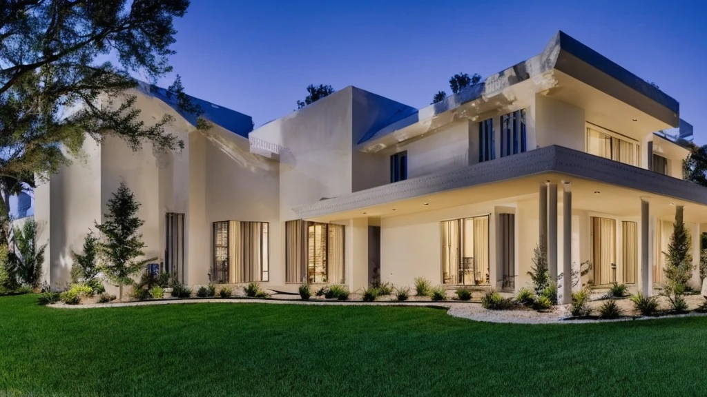 Elegant one-story, long, white cement mixed with wood house., Looks like the letter L, curved,It looks like a room.,beautiful,On the dark green grass,Shady atmosphere,night time